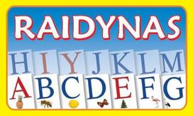 Raidynas. Rinkinį sudaro: dėžutė, 70 raidžių su iliustruotomis kortelėmis