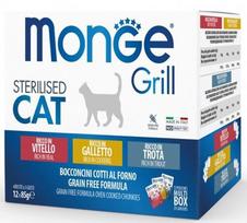 Šlapias kačių maistas Monge Grill Sterilised Cat, vištiena/veršiena/upėtakis, 1.02 kg, 12 vnt.