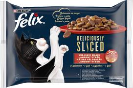 Šlapias kačių maistas Purina Felix Deliciously Sliced, jautiena/vištiena/kalakutiena, 0.320 kg, 4 vnt.