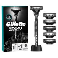 Gillette Mach3 Charcoal: skustuvas + 6 skutimosi peiliukai + stovelis