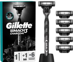 skustuvo peiliukai - Gillette Mach3 Charcoal: skustuvas + 6 skutimosi peiliukai + stovelis - 2 nuotrauka