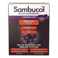SAMBUCOL BLACK ELDERBERY IMMUNO FORTE, kapsulės su juoduogiu šeivamedžio sulčių ekstraktu, vitaminu C ir cinku, 30 kapsulių