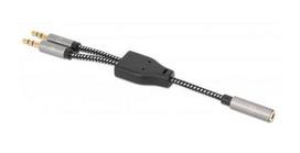 Manhattan 356121 Ausinių Adapteris su Stereo Garso Aux Y Skirstytuvu, 3.5mm Moteriškas (4 kontaktų) iki 2 x 3.5mm Vyriškas (3 kontaktų), 15cm, Juodas/Sidabrinis (Black/Silver)