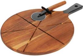 pjautuvai - Excellent Houseware KO-101001900, apvali medinė pjaustymo lenta picai su peiliu, 30 cm - 2 nuotrauka