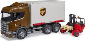 siuntoms - BRUDER Scania Super 560R UPS sunkvežimis su šakiniu krautuvu, 03582 - 1 nuotrauka