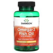SWANSON Omega-3 žuvų taukai su vitaminu D, 1000 mg, 60 kapsulių