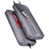 lan sakotuvas - Axagon HMC-6GM2 USB-C 10Gbps šakotuvas 6in1, HDMI, M.2-NVMe/SATA, Gbit-LAN, USB-A, USB-C, Pilka (Gray) - 1 nuotrauka