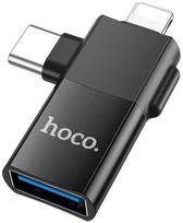 type 1 2 adapteris - HOCO UA17 OTG Type-C (male) / Lightning (male) to USB-A (female) 2in1 Juodas (Black) - 1 nuotrauka