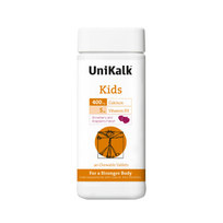 UNIKALK CALCIUM KIDS su vitaminu D3, aviečių ir braškių skonio, 90 kramtomųjų tablečių