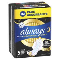 ALWAYS Ultra Secure Night Extra Size 5 higieniniai paketai su sparneliais, 32 vnt.