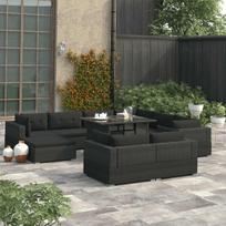 vidaXL Sodo baldų komplektas su pagalvėmis, 10 dalių, juodas (Black), ratanas