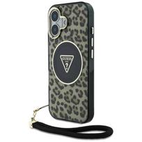 deklas su dirzeliu telefonams - Guess HC IML Leopard Triangle Cord Strap Case Apple iPhone 16 MagSafe Rudas (Brown) - 1 nuotrauka