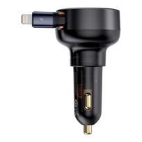 usb c lightning - Baseus Enjoyment Pro 55W Automobilinis Įkroviklis su Ištraukiamu Kabeliu Lightning + USB-C, Juodas (Black) - 1 nuotrauka
