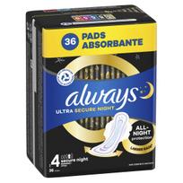 ALWAYS Ultra Secure Night Size 4 higieniniai paketai su sparneliais, 36 vnt.