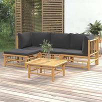 Lauko baldų komplektas vidaXL, bambukas, 5 dalių, pilkos pagalvėlės (Gray Cushions)