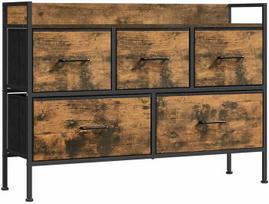 Komoda Songmics su 5 stalčiais, vintage ruda-rožinė juoda (Vintage Brown-Pink Black)