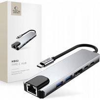 usb c hdmi pd - Tech-Protect HB02 HUB Adapteris 6in1 USB-C + USB-A 2.0 + USB-A 3.0 + HDMI 4K 30Hz + RJ45 + PD 100W Pilkas (Gray) - 1 nuotrauka
