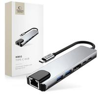 usb c hdmi pd - Tech-Protect HB02 HUB Adapteris 6in1 USB-C + USB-A 2.0 + USB-A 3.0 + HDMI 4K 30Hz + RJ45 + PD 100W Pilkas (Gray) - 2 nuotrauka