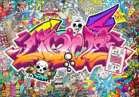 Fototapetas Artgeist Street Art - Abstract Urban Colour Graffiti Mural With Lettering, 280 cm x 400 cm