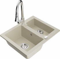 Plautuvė su virtuviniu maišytuvu Mexen Carlos Beige Chrome, granitas, 58 cm x 47 cm x 17.7 cm