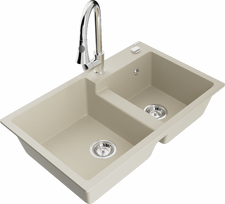 Plautuvė su virtuviniu maišytuvu Mexen Tomas Beige Chrome, granitas, 80 cm x 50 cm x 19 cm