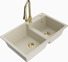 Plautuvė su virtuviniu maišytuvu Mexen Tomas Beige Gold, granitas, 80 cm x 50 cm x 19 cm