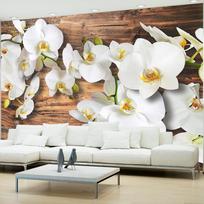 Fototapetas Artgeist Forest Orchid - Natural White Flowers On A Background Of Old Dark Wood 4XLNEW010222, 280 cm x 400 cm