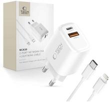 usb a usb c pakrovejas - Tech-Protect NCA30 PD 30W QC3.0 USB-A / USB-C sieninis įkroviklis + USB-C / Lightning laidas 100 cm - Baltas (White) - 1 nuotrauka