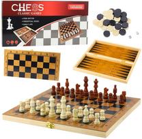 LEAN Toys Medinis žaidimų rinkinys 3-in-1: Šachmatai, Šaškės, Nardai, 34x34 cm