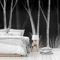 Fototapetas Artgeist Noise Of The Forest At Night - Minimalist Landscape Of White Trees On A Black Background, 280 cm x 392 cm