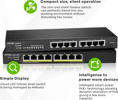 8 poe port switch - ZYXEL GS1915-8EP, 8-PORT GBE POE SMART HYBRID MODE SWITCH, STANDALONE OR NEBULAFLEX CLOUD, 60 WATT 802.3AT, DESKTOP, FANLESS | GS1915-8EP-EU0101F - 2 nuotrauka