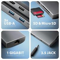 hdmi 2.1 kabelis - AXAGON HMC-8HLSA USB-C 3.2 Gen 1 šakotuvas, 3x USB-A + 4K/30Hz HDMI + SD/microSD, GLAN, garsas, PD 100W, 20 cm USB-C laidas (Pilka) - 5 nuotrauka