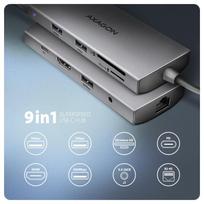hdmi 2.1 kabelis - AXAGON HMC-8HLSA USB-C 3.2 Gen 1 šakotuvas, 3x USB-A + 4K/30Hz HDMI + SD/microSD, GLAN, garsas, PD 100W, 20 cm USB-C laidas (Pilka) - 6 nuotrauka