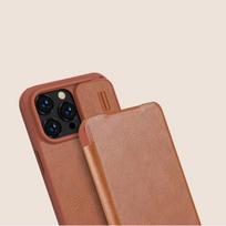 iphone 14 pro deklas odinis - Nillkin Qin Pro Leather Apple iPhone 14 Pro Max rudas - 7 nuotrauka