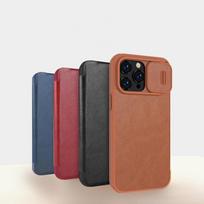 iphone 14 pro deklas odinis - Nillkin Qin Pro Leather Apple iPhone 14 Pro Max rudas - 13 nuotrauka
