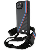 BMW M Edition Carbon Tricolor Lines & Strap dėklas, skirtas Apple iPhone 15 Plus / 14 Plus - Juodas (Black)