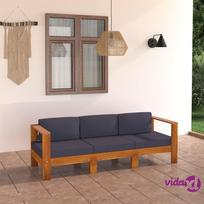 vidaXL Trivietė sodo sofa su tamsiai pilkomis pagalvėmis, akacija
