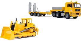 BRUDER MAN TGA žemagrindis sunkvežimis su Cat buldozeriu, 1:16, geltona (Yellow)