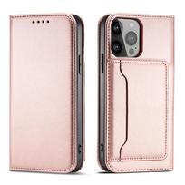 Magnetinė kortelės dėklas Samsung Galaxy S23 Ultra su flip tipo pinigine ir stovu rožinis