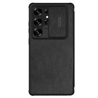 Nillkin Qin Pro dėklas Samsung Galaxy S25 Ultra su flip ir kameros uždanga - Juodas