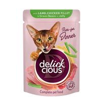 Delickcious konservai su ėriena, vištiena ir žaliosiomis pupelėmis katėms, 85 g