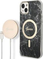 iphone ikroviklis - Rinkinys Guess GUBPP14SHMEACSK Case  Charger iPhone 14 6,1" juodas/juodas kietas dėklas Marble MagSafe - 1 nuotrauka