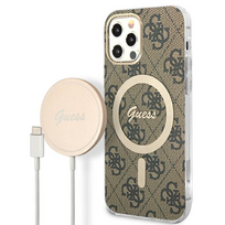 Apple iPhone 12 / 12 PRO Guess dėklas 4G Print MagSafe   Belaidis Įkroviklis (GUBPP13XH4EACSP) rudos spalvos