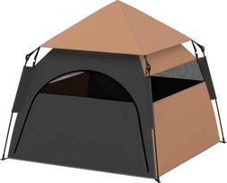 namelio langas - PawHut Palapinė gyvūnams, šunų namelis su tinkliniu langu, tamsiai ruda (Dark Brown) - 1 nuotrauka