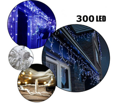 Happy People 300 LED 15 metrai lempučių lauko girlianda varvekliai su baltu laidu, mėlynos spalvos flash