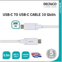 DELTACO USB 3.1 Gen2 "C-C", 10 Gbit/s, 60W, 3A, 0,5m baltas / USBC-1126M