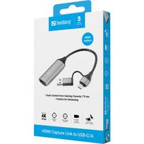 usb type c to hdmi - Sandberg 136-70 HDMI Capture Link to USB-C/A Pilka (Gray) - 1 nuotrauka
