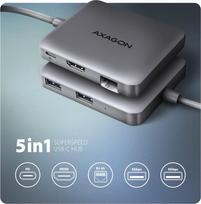 usb c laidas pd - AXAGON HMC-5HL USB-C 5Gbps 5in1 šakotuvas, 2x USB-A, HDMI 4K, RJ-45, PD 100W, Pilkas (Gray) - 2 nuotrauka