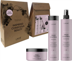 Lakme Teknia Frizz Control Pack plaukų priežiūros rinkinys (šampūnas 300 ml. + purškiklis 300 ml. + plaukų kaukė 250 ml.) - Rinkinys