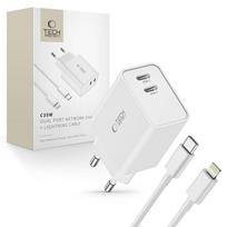 usb tinklo kabelis - Tech-Protect C35W 2x USB-C PD 35W Sieninis Įkroviklis su USB-C / Lightning Kabeliu Baltas (White) - 1 nuotrauka